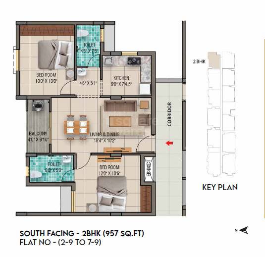 2 BHK 957 Sq. Ft. Apartment