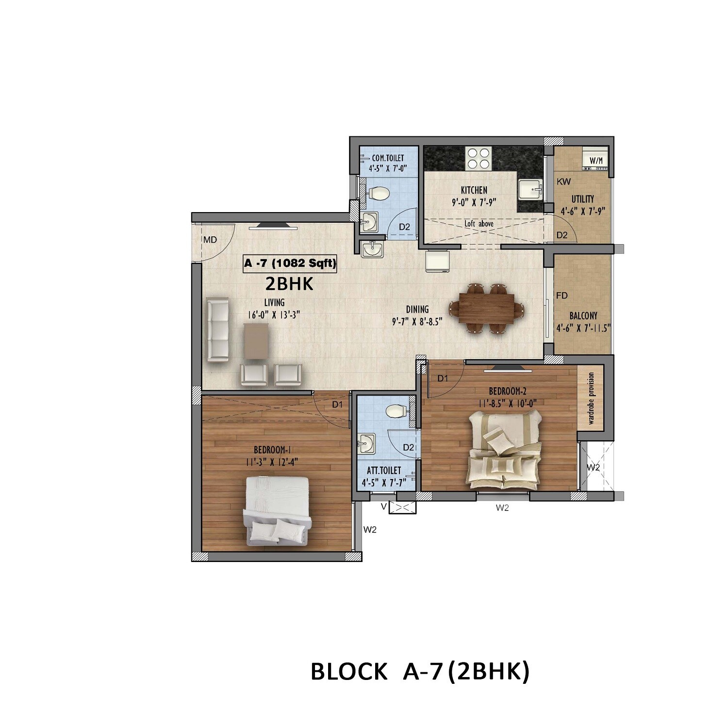 Floor plan of 2 BHK 1082 Sq. Ft. Apartment in Ruby Nakshatra, Chennai