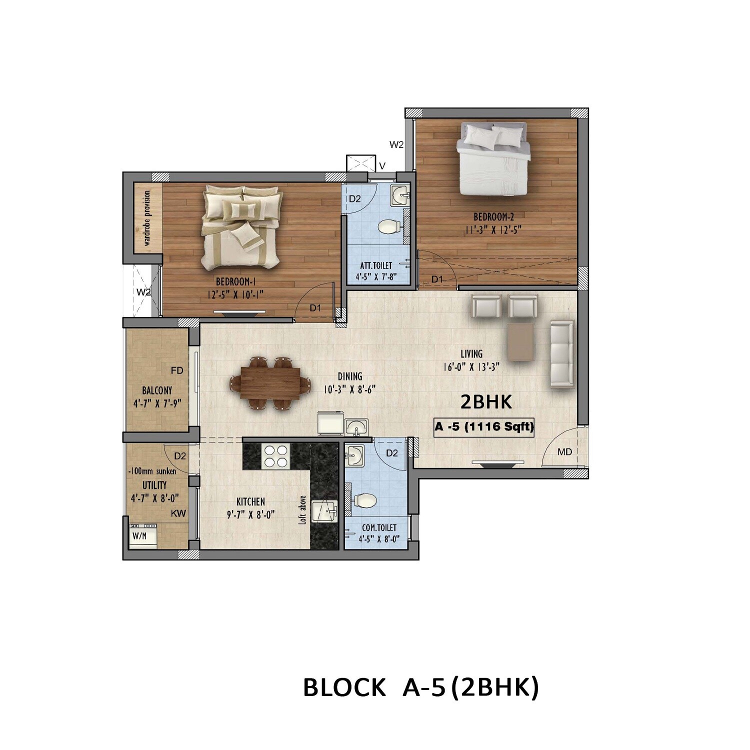 Floor plan of 2 BHK 1116 Sq. Ft. Apartment in Ruby Nakshatra, Chennai