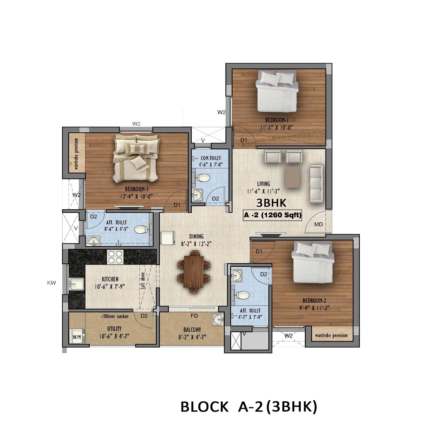 Floor plan of 3 BHK 1260 Sq. Ft. Apartment in Ruby Nakshatra, Chennai