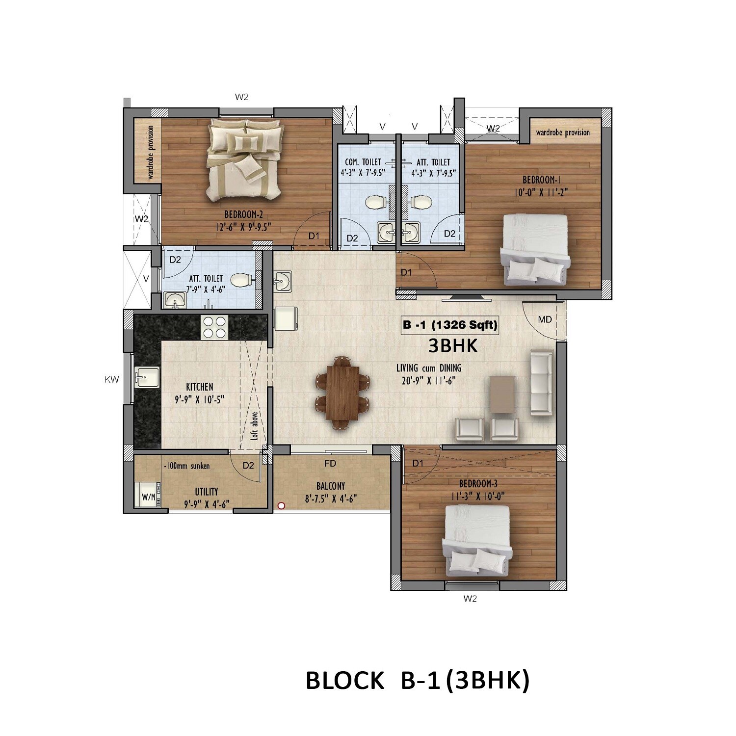 Floor plan of 3 BHK 1326 Sq. Ft. Apartment in Ruby Nakshatra, Chennai