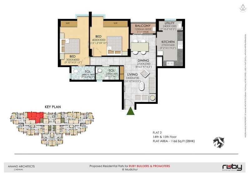 Floor plan of 2 BHK 1166 Sq. Ft. Apartment in Ruby Royal Tower, Chennai