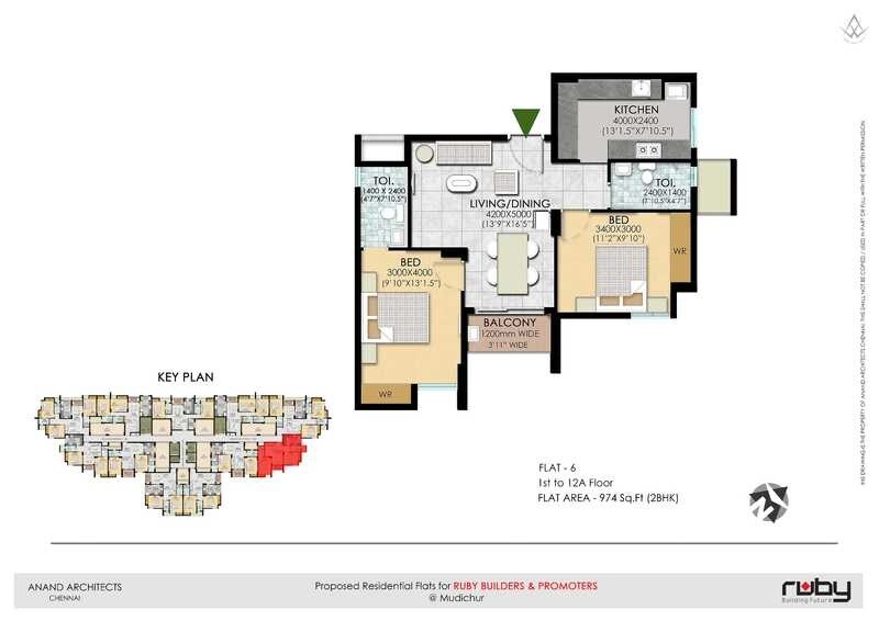 Floor plan of 2 BHK 974 Sq. Ft. Apartment in Ruby Royal Tower, Chennai