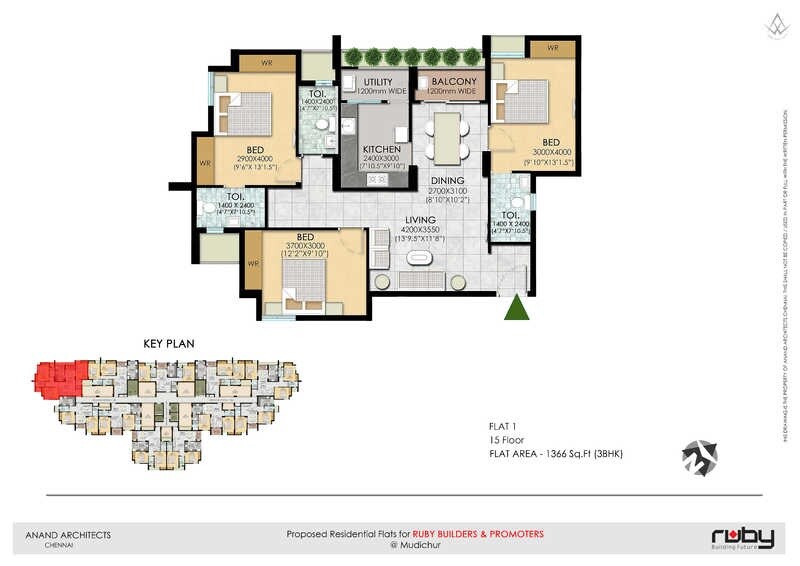 Floor plan of 3 BHK 1366 Sq. Ft. Apartment in Ruby Royal Tower, Chennai