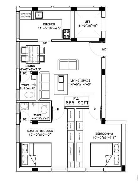 Floor plan of 2 BHK 865 Sq. Ft. Apartment in Rucons Avighna Abode, Chennai
