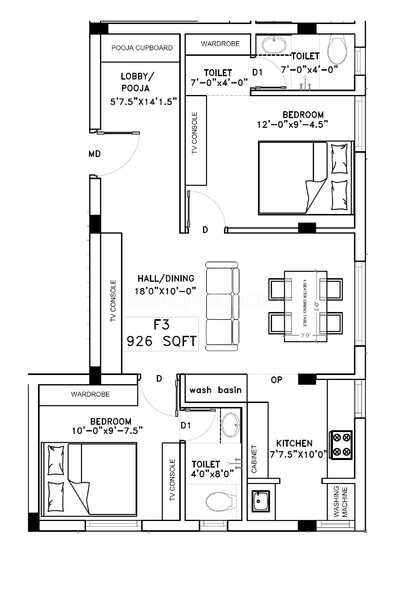 Floor plan of 2 BHK 926 Sq. Ft. Apartment in Rucons Avighna Abode, Chennai