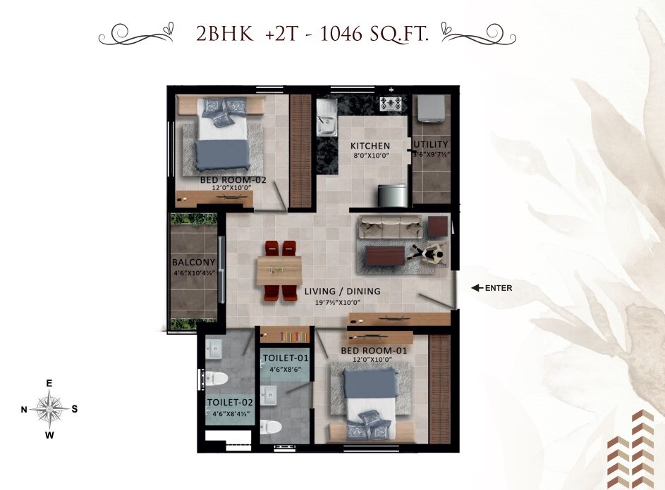 Floor plan of 2 BHK 1046 Sq. Ft. Apartment in RWD Waterfront, Chennai