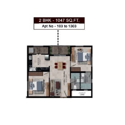 Floor plan of 2 BHK 1047 Sq. Ft. Apartment in RWD Waterfront, Chennai