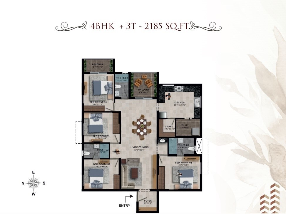 Floor plan of 4 BHK 2185 Sq. Ft. Apartment in RWD Waterfront, Chennai