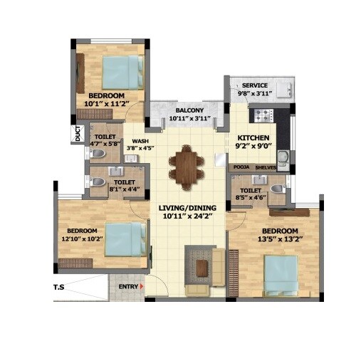 Floor plan of 3 BHK 1317 Sq. Ft. Apartment in S And P Adornia, Chennai