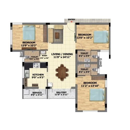Floor plan of 3 BHK 1336 Sq. Ft. Apartment in S And P Adornia, Chennai