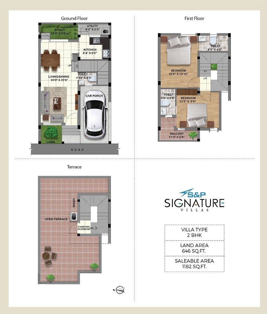 Floor plan of 2 BHK 1182 Sq. Ft. Villa in S And P Signature Villas, Chennai