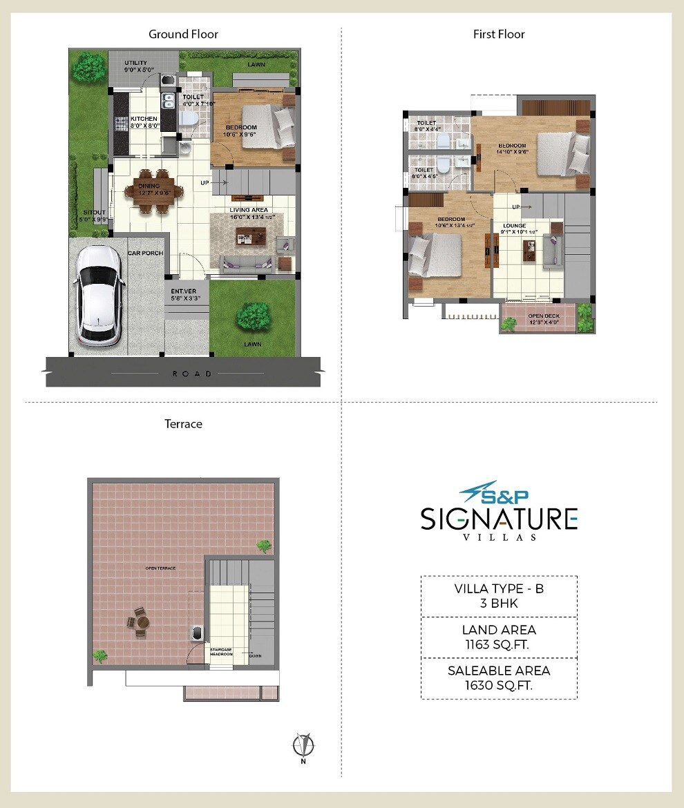 Floor plan of 3 BHK 1630 Sq. Ft. Villa in S And P Signature Villas, Chennai