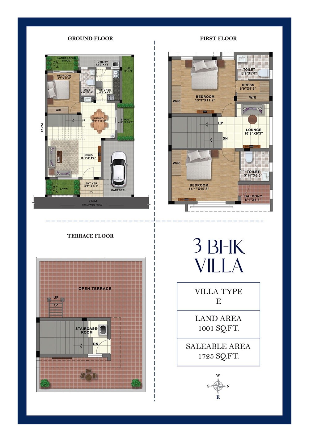 Floor plan of 3 BHK 1725 Sq. Ft. Villa in S And P The Address, Chennai