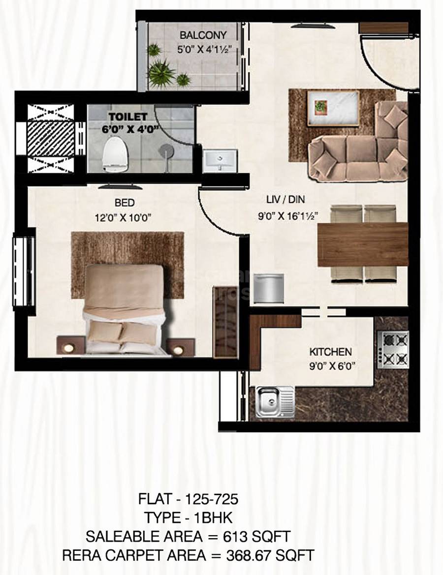 Floor plan of 1 BHK 613 Sq. Ft. Apartment in S P Courtyard, Chennai