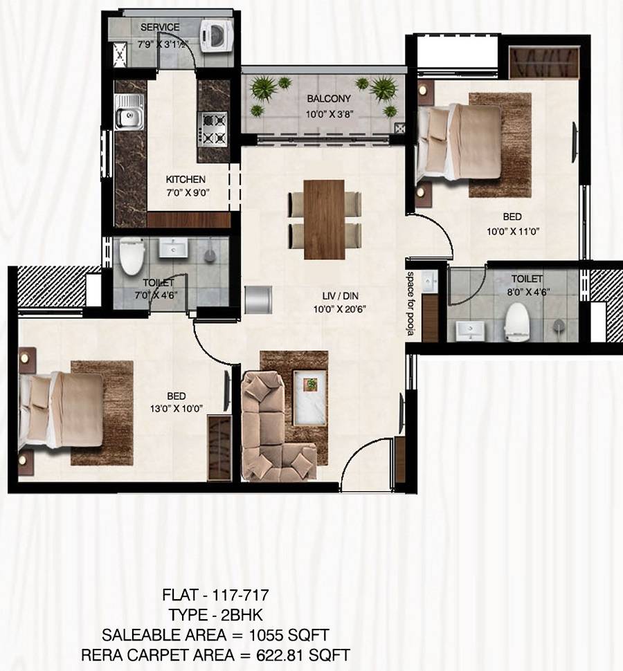 Floor plan of 2 BHK 1055 Sq. Ft. Apartment in S P Courtyard, Chennai
