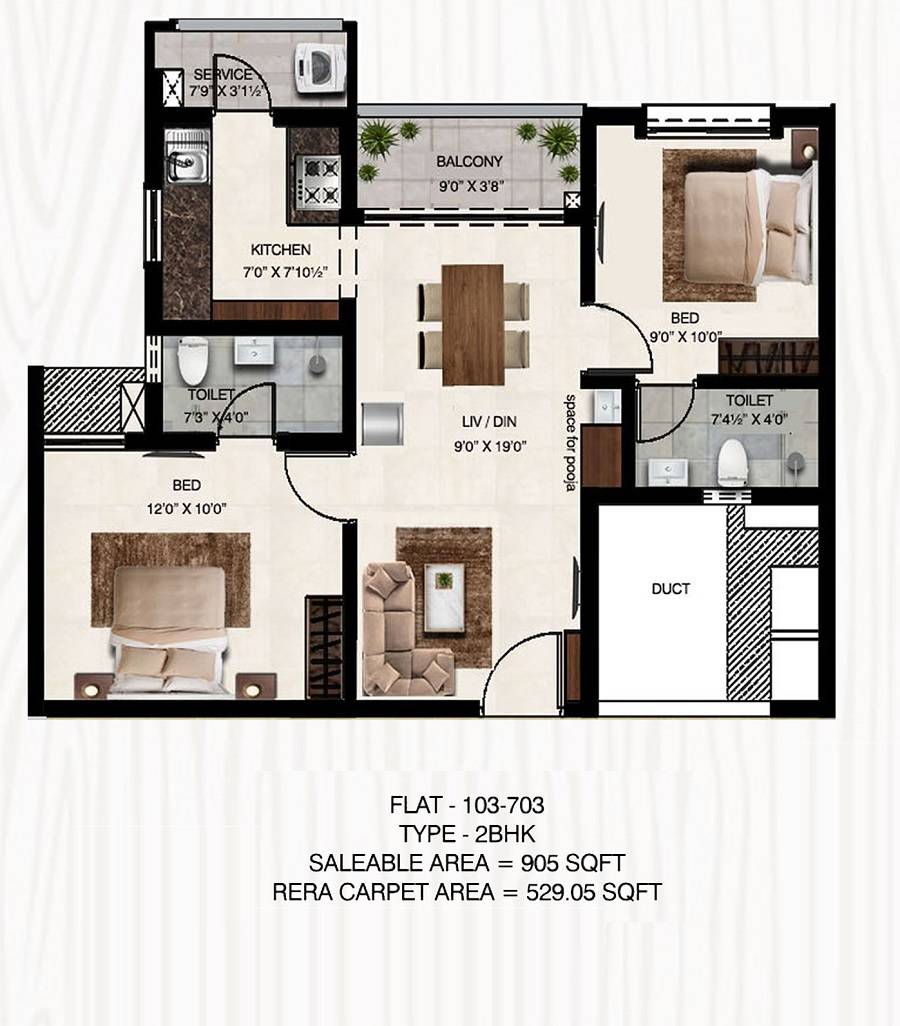 Floor plan of 2 BHK 905 Sq. Ft. Apartment in S P Courtyard, Chennai