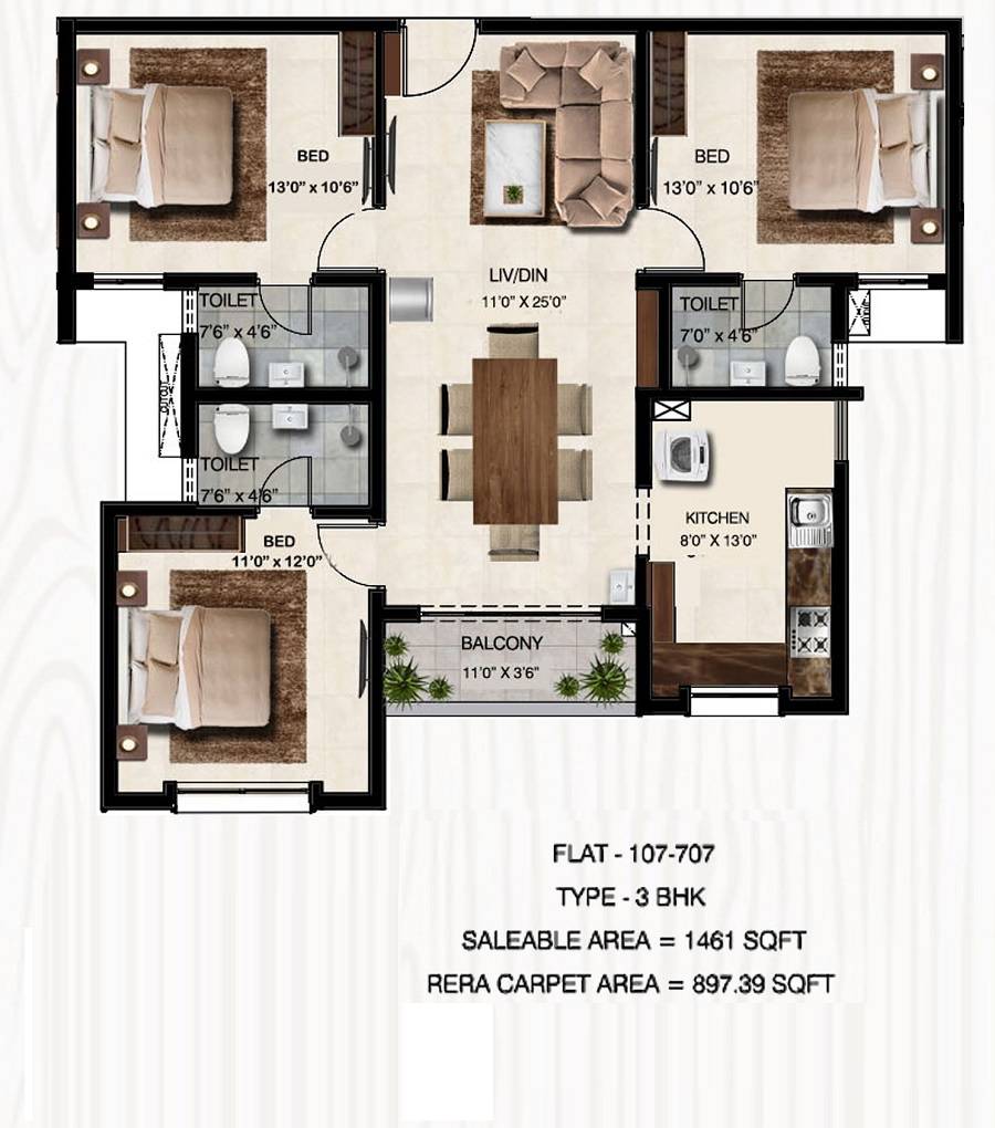 Floor plan of 3 BHK 1461 Sq. Ft. Apartment in S P Courtyard, Chennai