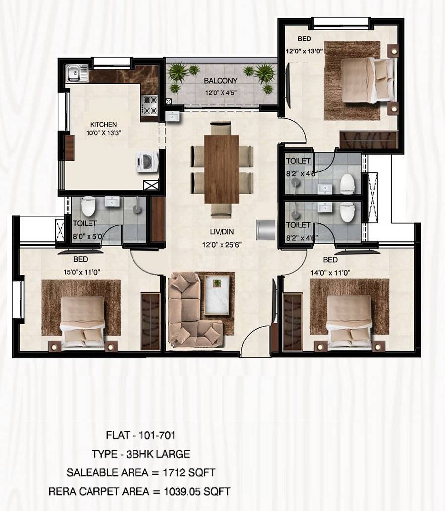 Floor plan of 3 BHK 1712 Sq. Ft. Apartment in S P Courtyard, Chennai