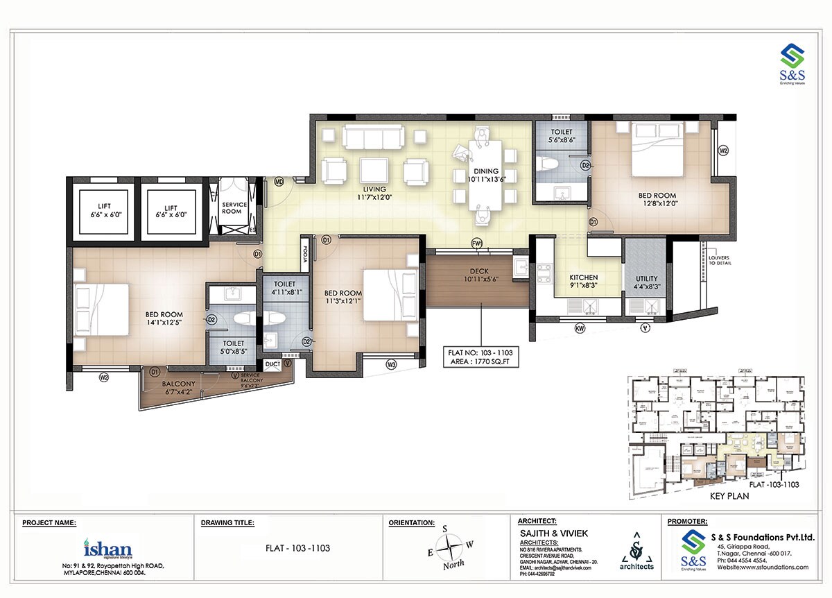 Floor plan of 3 BHK 1770 Sq. Ft. Apartment in S S Ishan, Chennai