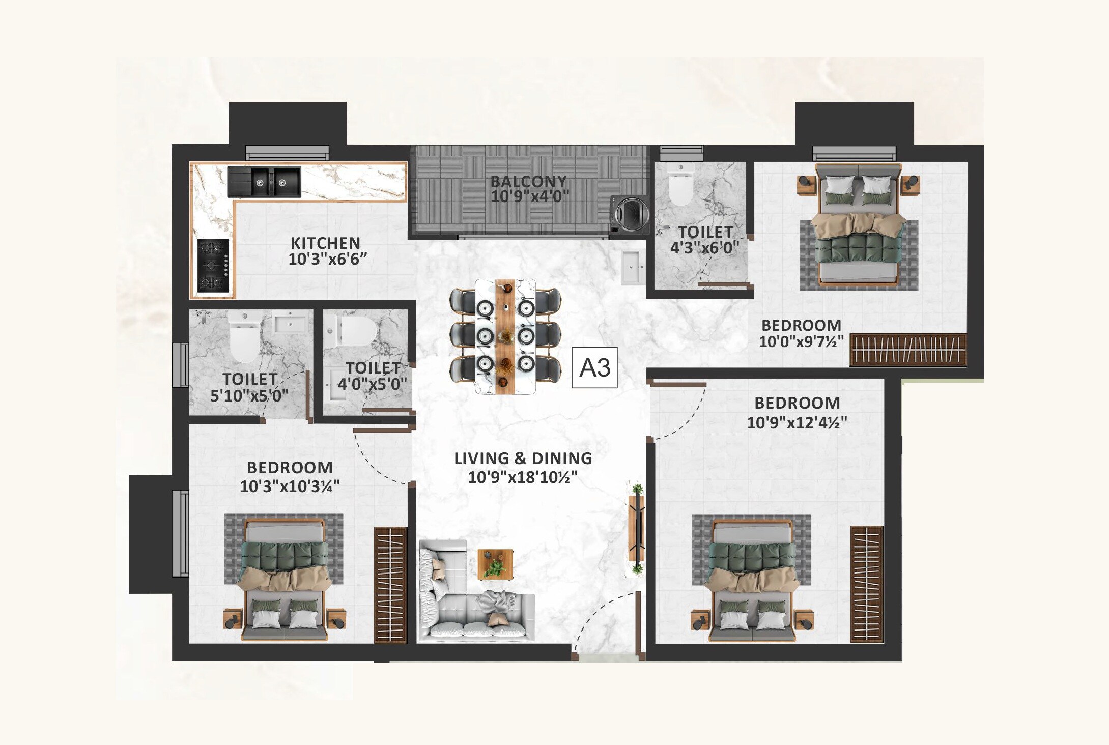Floor plan of 3 BHK 1201 Sq. Ft. Apartment in Sagar The One, Chennai