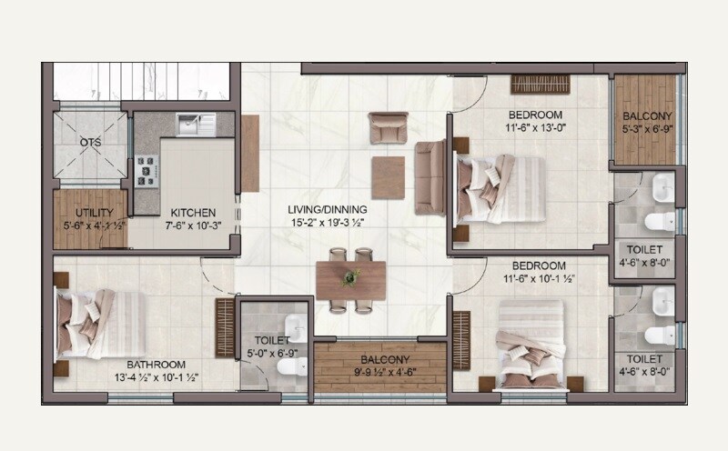 Floor plan of 3 BHK 1810 Sq. Ft. Apartment in Sagas Orion, Chennai