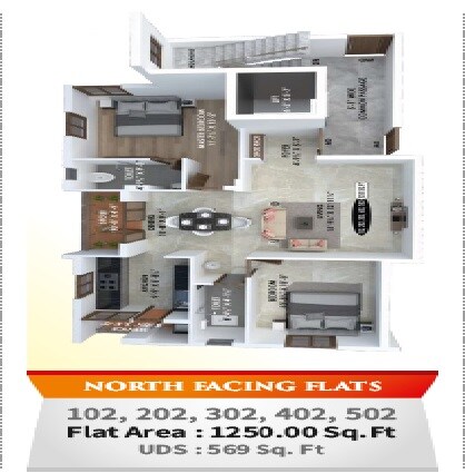 Floor plan of 2 BHK 1250 Sq. Ft. Apartment in Sai Selva, Chennai