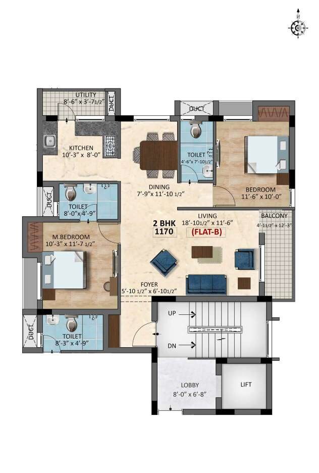 Floor plan of 2 BHK 1170 Sq. Ft. Apartment in Salma Heritage Square, Chennai