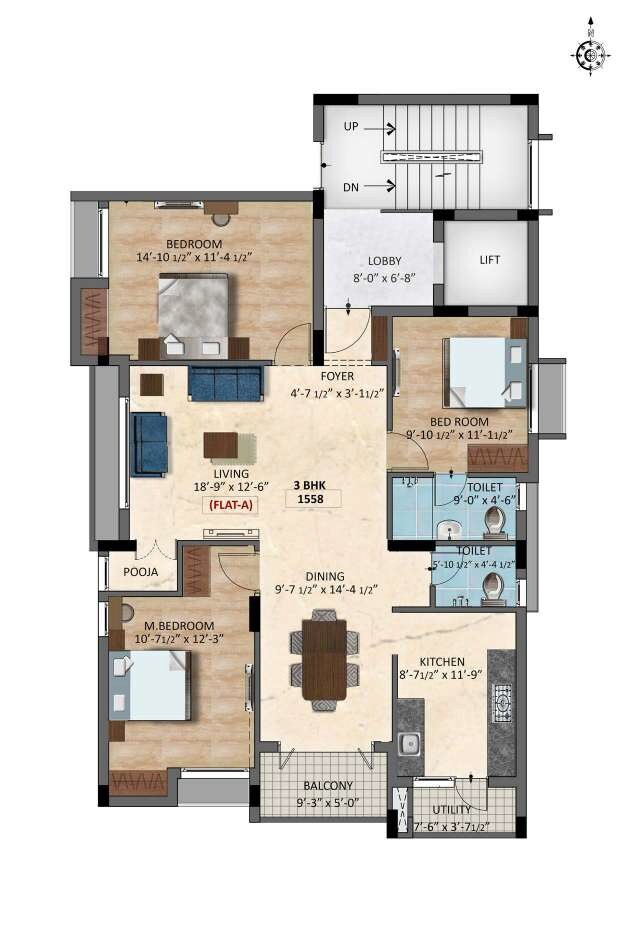 Floor plan of 3 BHK 1558 Sq. Ft. Apartment in Salma Heritage Square, Chennai