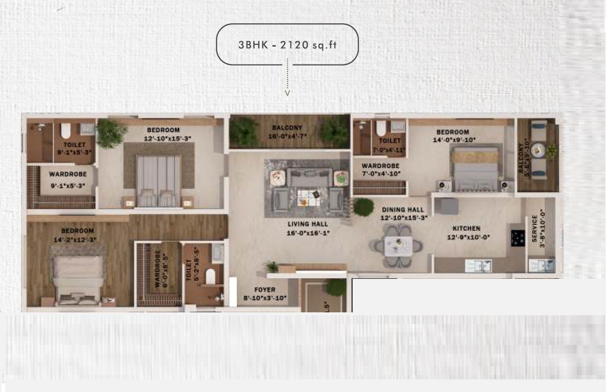 Floor plan of 3 BHK 2120 Sq. Ft. Apartment in Sannareddy Shreyas, Chennai