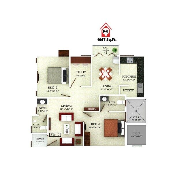 2 BHK 1067 Sq. Ft. Apartment