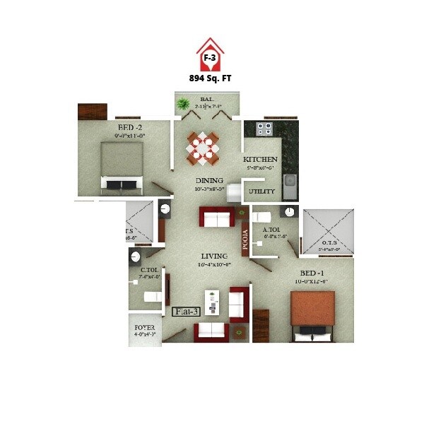 Floor plan of 2 BHK 894 Sq. Ft. Apartment in Saradeuz Ecstasy, Chennai