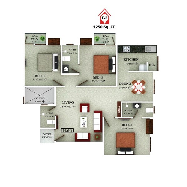 3 BHK 1250 Sq. Ft. Apartment