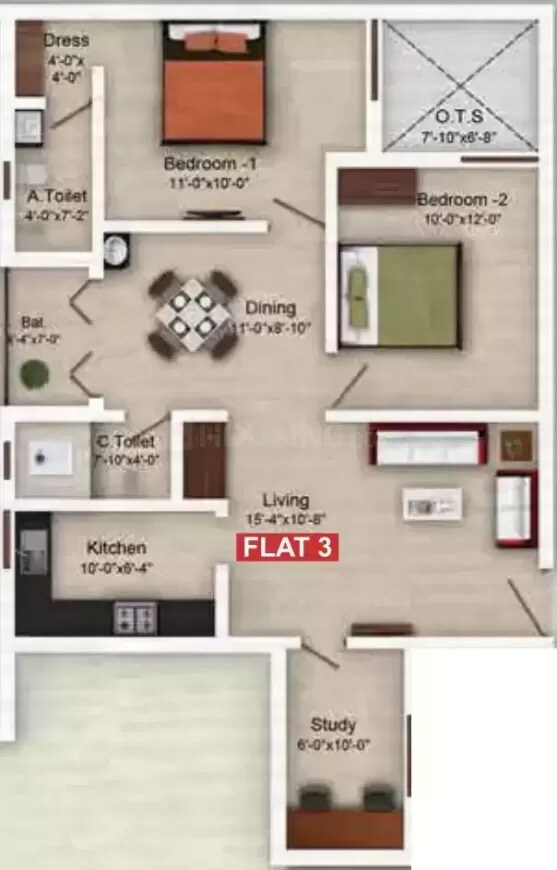 Floor plan of 2 BHK 1055 Sq. Ft. Apartment in Saradeuz Tulip, Chennai