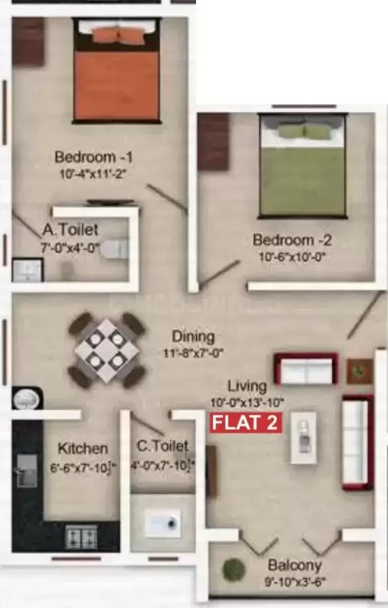 Floor plan of 2 BHK 835 Sq. Ft. Apartment in Saradeuz Tulip, Chennai
