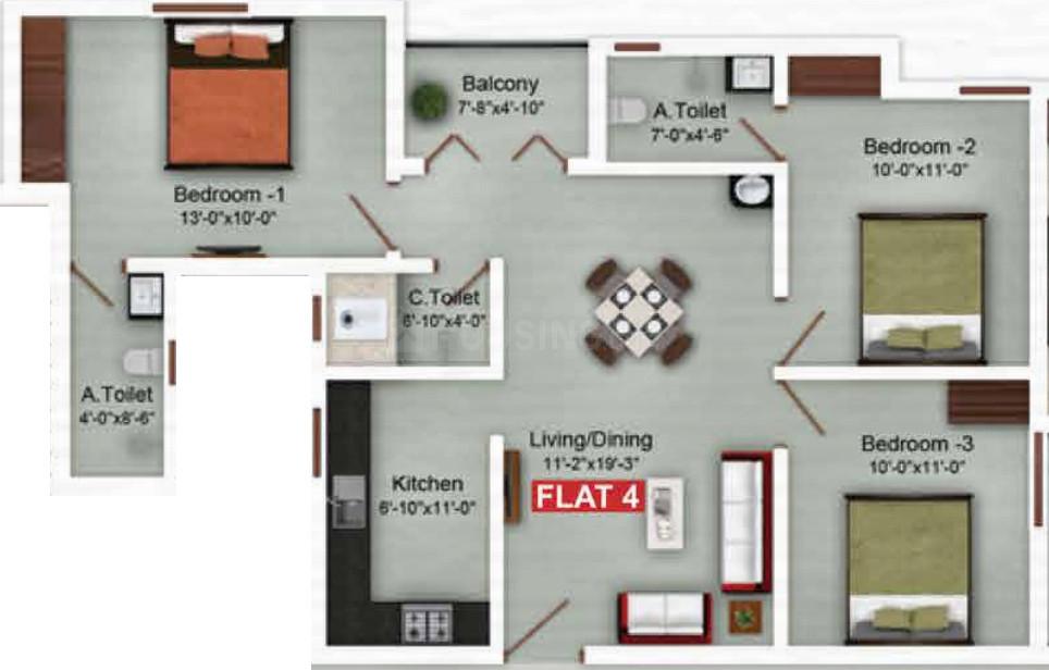 Floor plan of 3 BHK 1143 Sq. Ft. Apartment in Saradeuz Tulip, Chennai