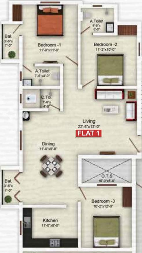 Floor plan of 3 BHK 1389 Sq. Ft. Apartment in Saradeuz Tulip, Chennai