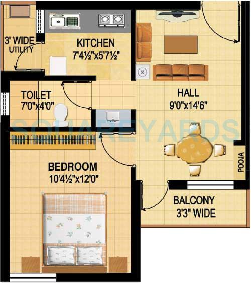 Floor plan of 1 BHK 604 Sq. Ft. Apartment in Sare Homes Dewy Terraces, Chennai