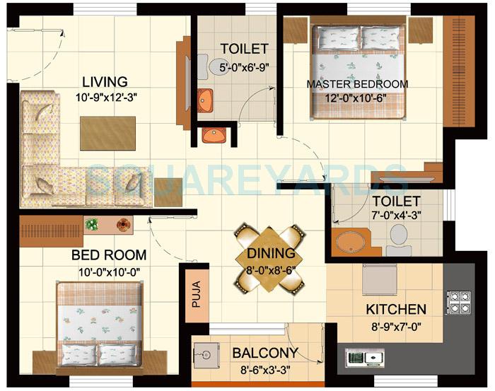 Floor plan of 2 BHK 907 Sq. Ft. Apartment in Sare Homes Dewy Terraces, Chennai