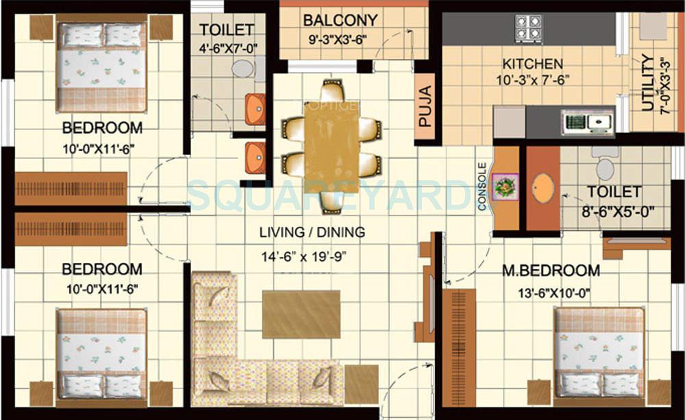 Floor plan of 3 BHK 1275 Sq. Ft. Apartment in Sare Homes Dewy Terraces, Chennai