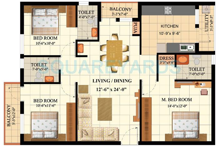 Floor plan of 3 BHK 1472 Sq. Ft. Apartment in Sare Homes Dewy Terraces, Chennai