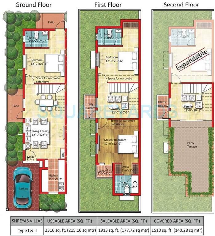 Floor plan of 3 BHK 1913 Sq. Ft. Villa in Sare Homes Shreyas Villas, Chennai