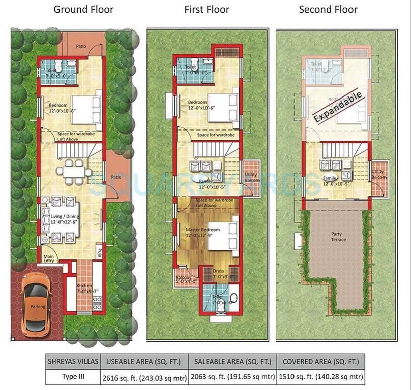 Floor plan of 3 BHK 2063 Sq. Ft. Villa in Sare Homes Shreyas Villas, Chennai