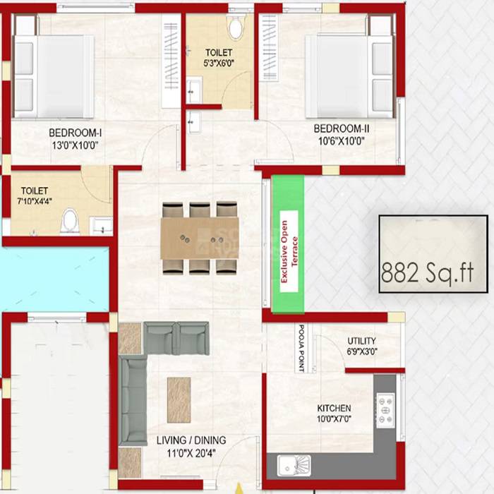 Floor plan of 2 BHK 633 Sq. Ft. Apartment in SD Morning Glory, Chennai