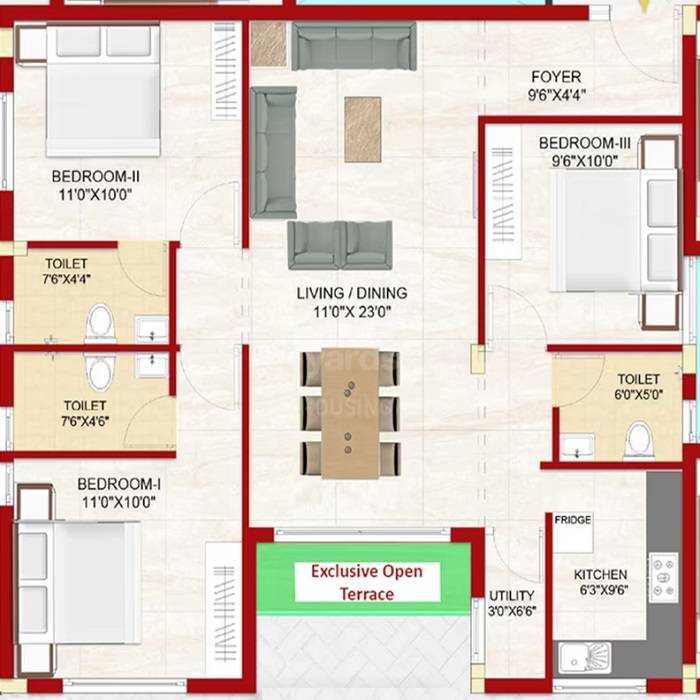 Floor plan of 3 BHK 826 Sq. Ft. Apartment in SD Morning Glory, Chennai