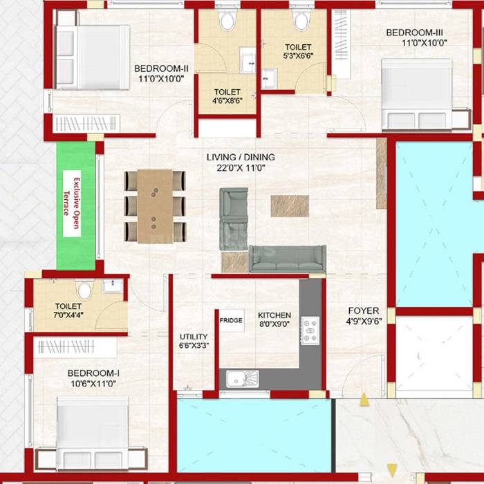 Floor plan of 3 BHK 875 Sq. Ft. Apartment in SD Morning Glory, Chennai