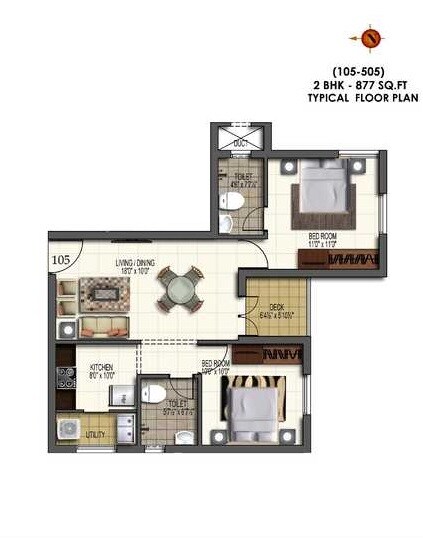 Floor plan of 2 BHK 877 Sq. Ft. Apartment in Shankar Habitat, Chennai