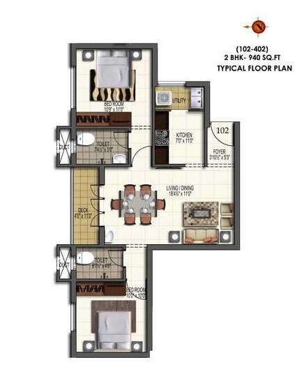 Floor plan of 2 BHK 940 Sq. Ft. Apartment in Shankar Habitat, Chennai