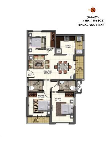 Floor plan of 3 BHK 1186 Sq. Ft. Apartment in Shankar Habitat, Chennai