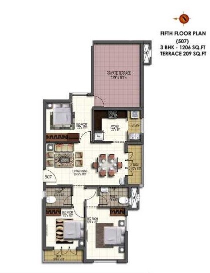 Floor plan of 3 BHK 1206 Sq. Ft. Apartment in Shankar Habitat, Chennai